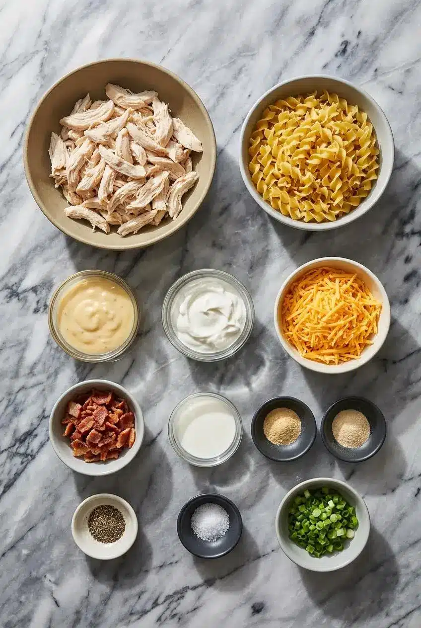 Ingredients for Crazy Good Casserole laid out, including rotisserie chicken, egg noodles, cheddar cheese, and items for the homemade cream sauce.