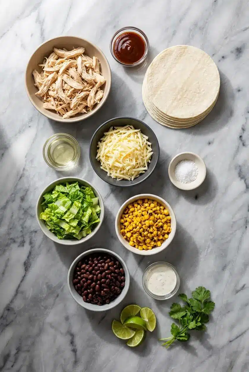 Ingredients for BBQ chicken tacos laid out, including chicken thighs, spices, BBQ sauce, corn tortillas, and avocado.