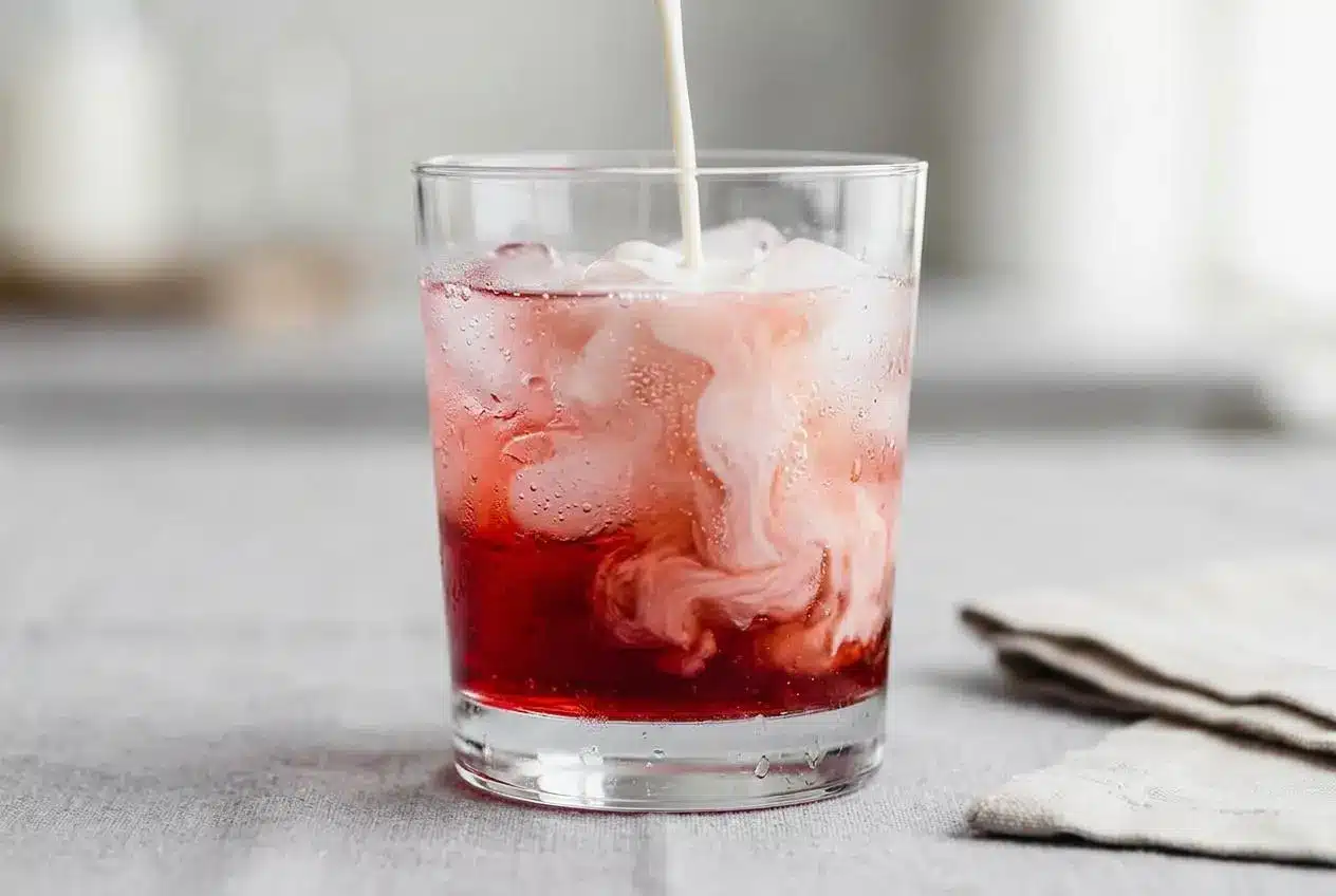 A tall glass of raspberry Italian Cream Soda with ice, topped with whipped cream and a cherry, showing creamy swirls.