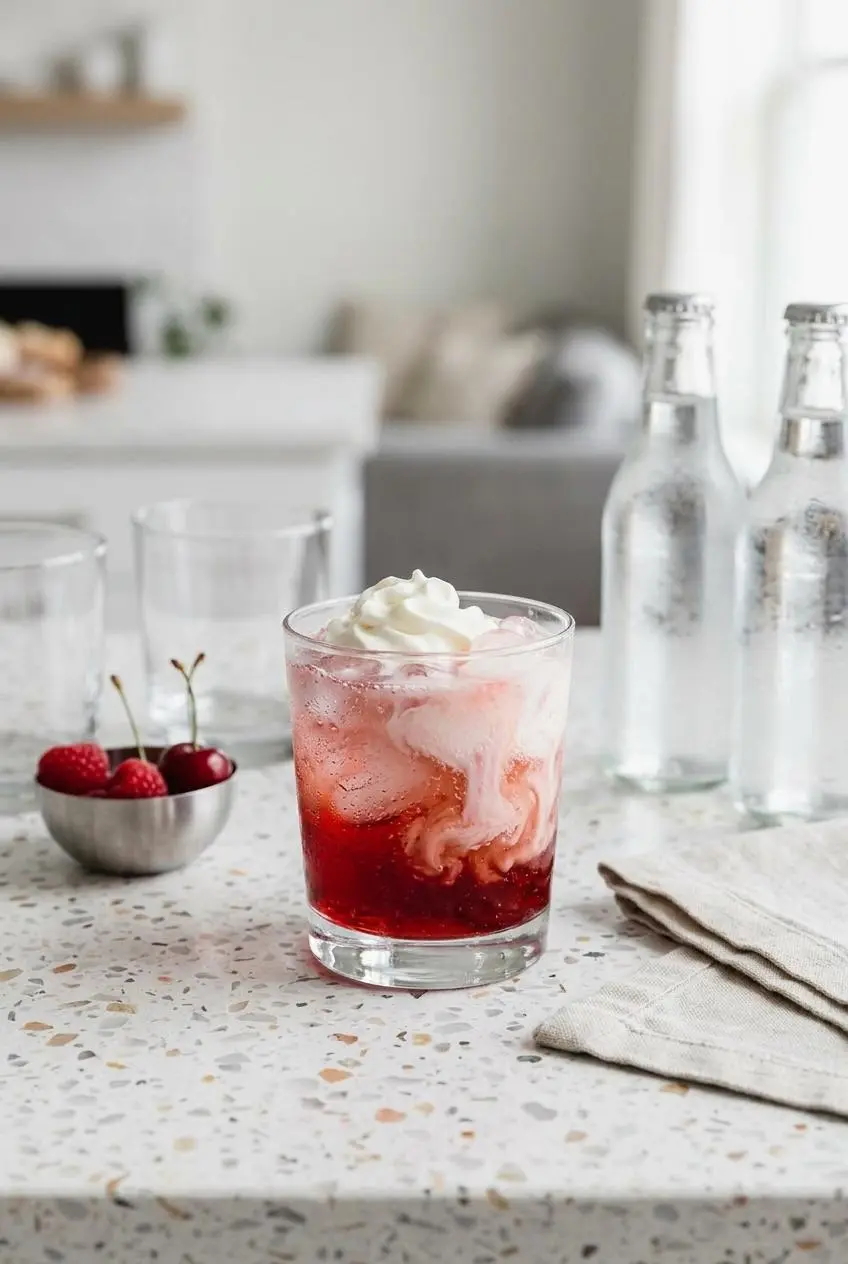 An Italian cream soda on a party bar setup with a bowl of cherries, extra glasses, and bottles of club soda.