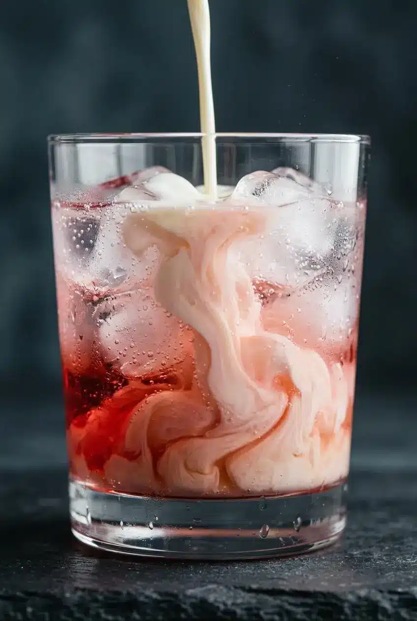 Macro close-up of heavy cream swirling into raspberry club soda over ice, showing a smooth, uncurdled texture.