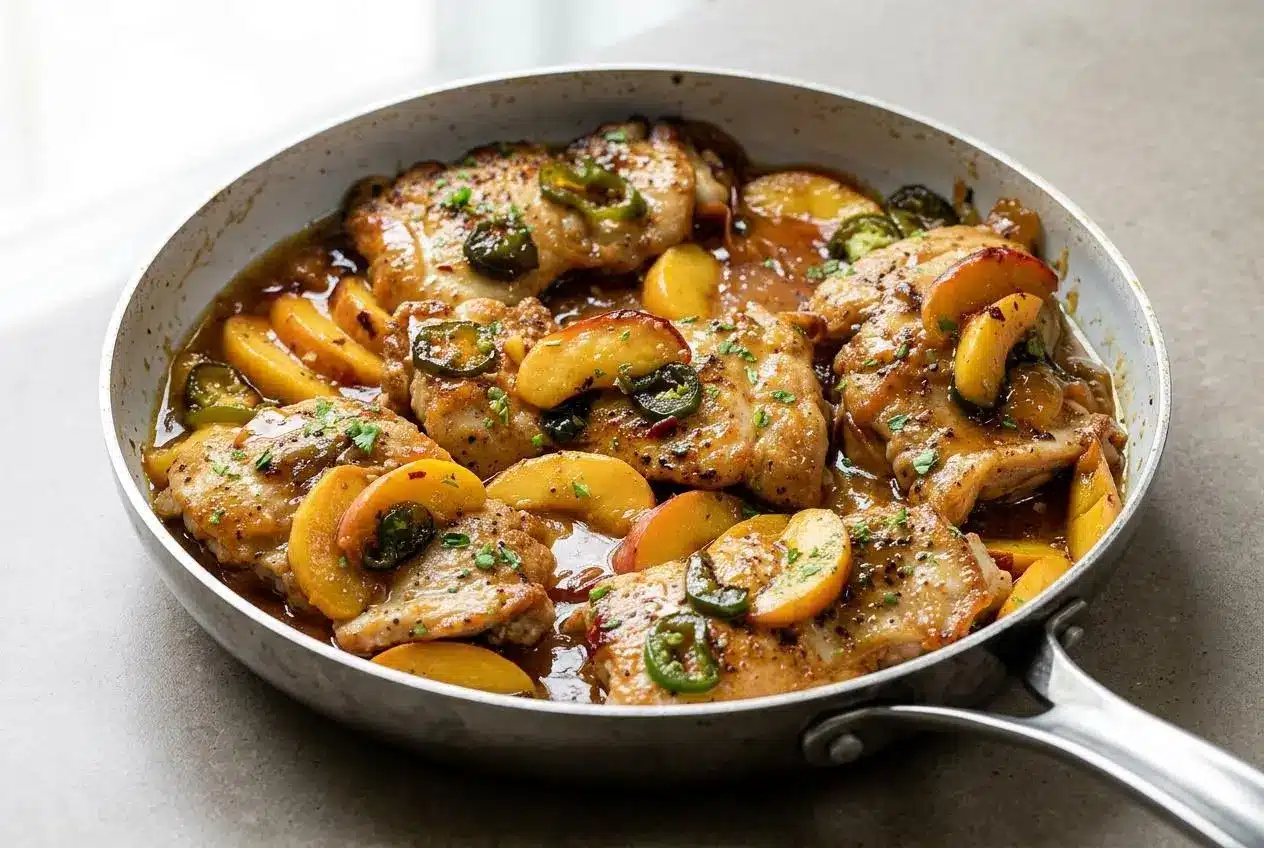 A white skillet of Jalapeno Peach Chicken with glossy glazed chicken thighs, soft peach slices, and green jalapeno.
