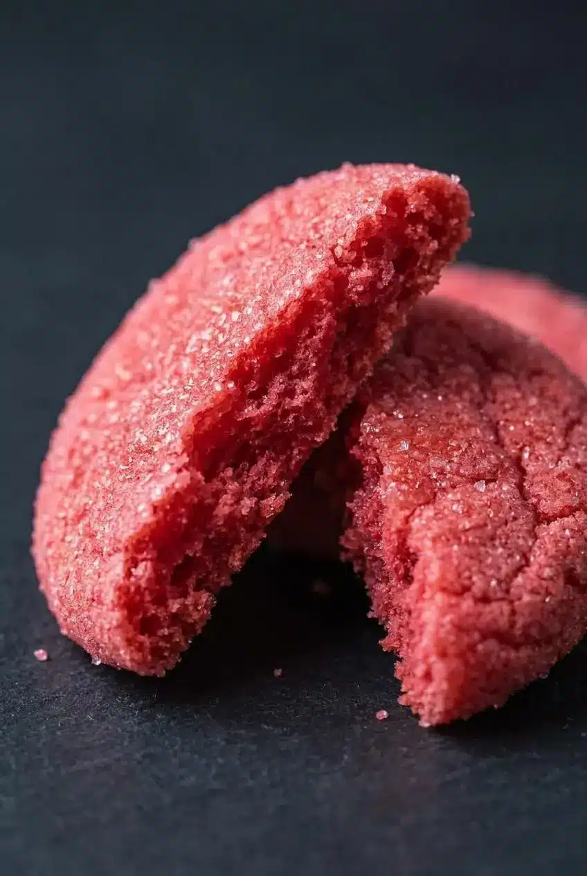 A close-up of a colorful Jello sugar cookie broken in half, revealing the perfectly soft and chewy crumb inside.
