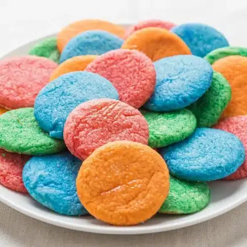 A stack of colorful red, yellow, green, and blue Jello sugar cookies on a white plate, showing their soft texture and sugary coating.