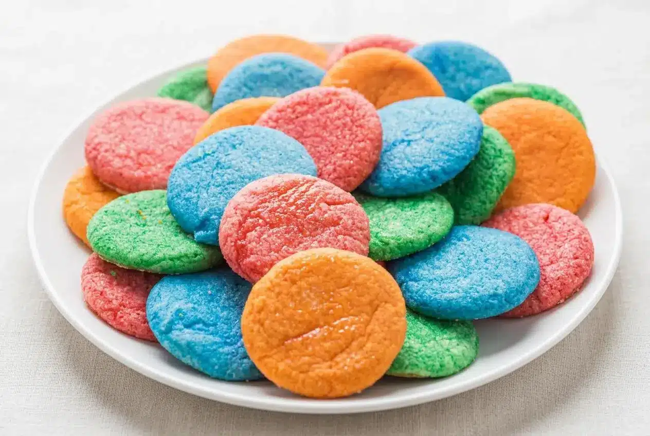 A stack of colorful red, yellow, green, and blue Jello sugar cookies on a white plate, showing their soft texture and sugary coating.
