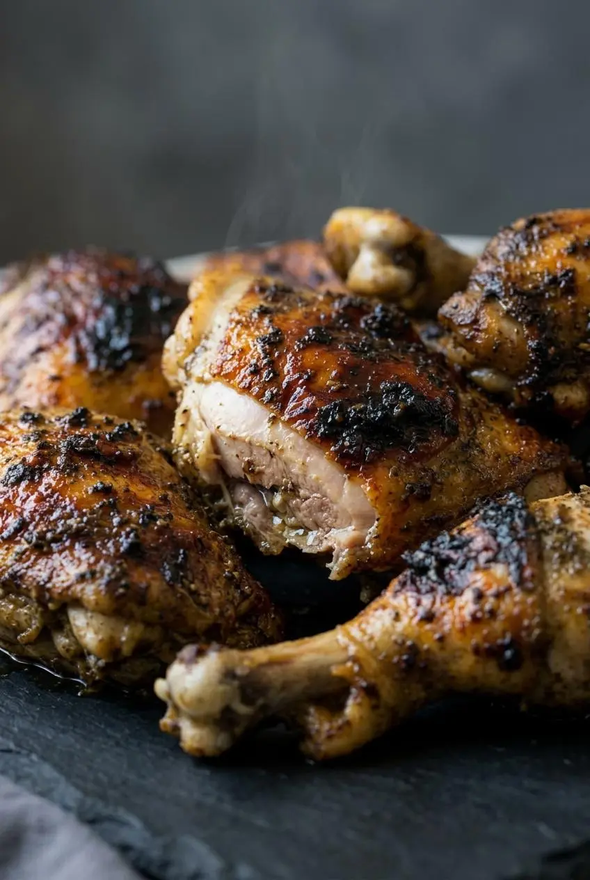 Macro close-up of a jerk chicken thigh showing the blistered, dark mahogany skin, charred edges, and visibly juicy meat.