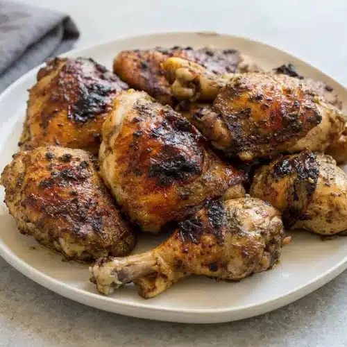 A platter of juicy Jerk Chicken Thighs with deeply charred, crispy skin, ready to be served.