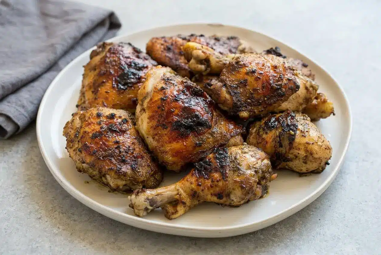 A platter of juicy Jerk Chicken Thighs with deeply charred, crispy skin, ready to be served.