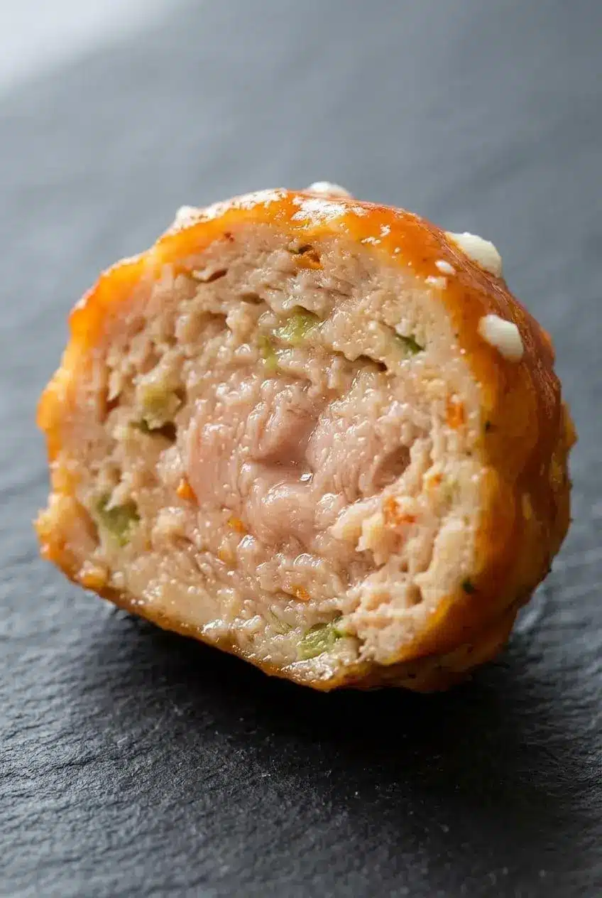 A buffalo chicken meatball cut in half, revealing a juicy, tender interior with visible flecks of minced celery and carrot.