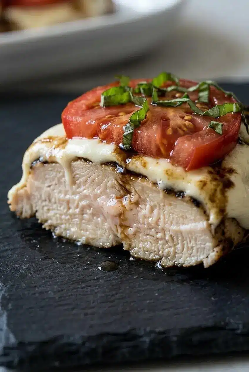 A close-up of a sliced grilled chicken breast showing its juicy interior, topped with melted mozzarella, a tomato slice, basil, and a