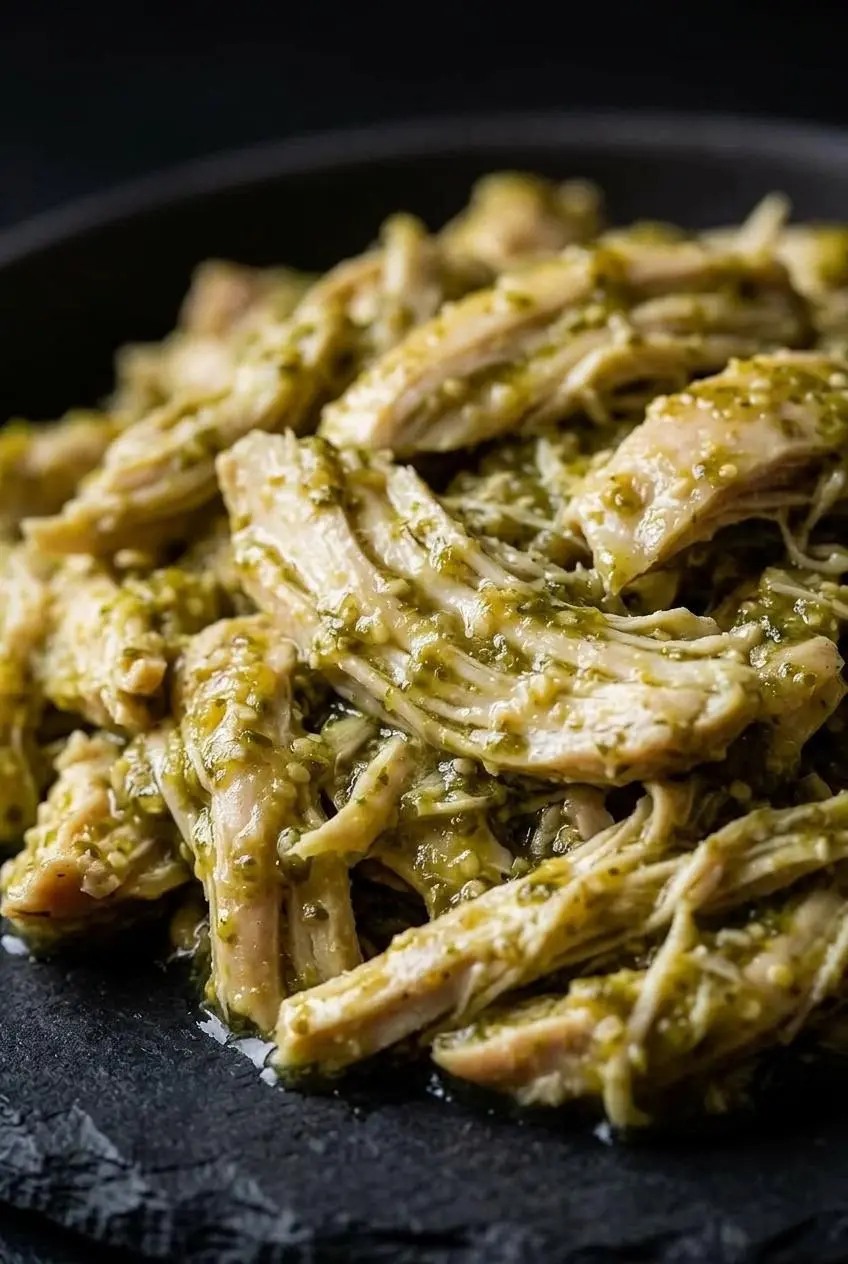 An extreme close-up of juicy shredded chicken in salsa verde, highlighting its moist and tender texture.
