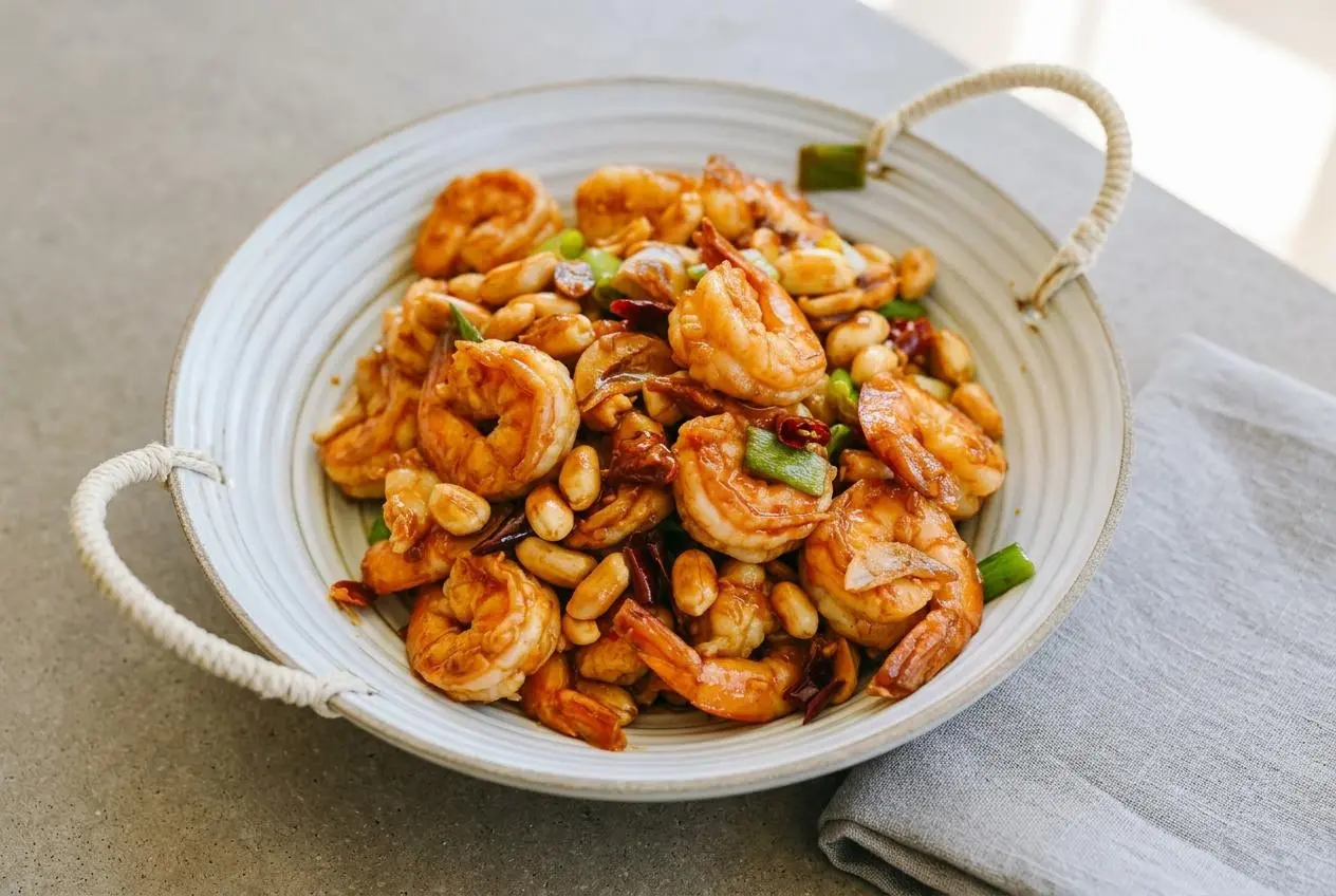A white bowl filled with kung pao shrimp, showing tender shrimp, crunchy peanuts, and scallions coated in a glossy, savory sauce.