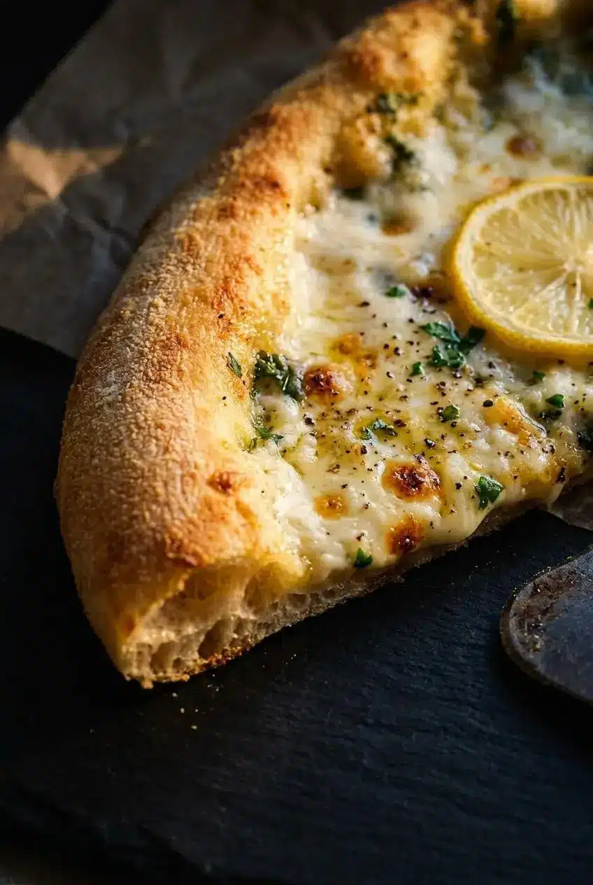 Close-up of a lemon pizza crust, showing the crisp, bubbly golden-brown edge and melted mozzarella with flecks of parsley.