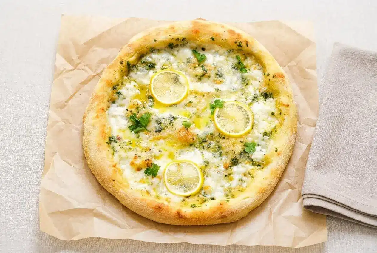 A rectangular lemon pizza fresh from the oven, with bubbly melted mozzarella, fresh parsley, and a golden-brown crust.
