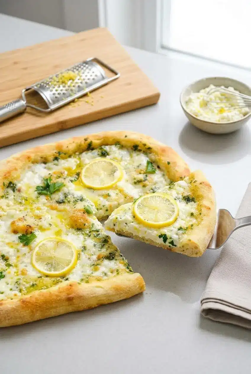 A slice of lemon ricotta pizza being lifted from the pie, showing the creamy layer of ricotta cheese under the melted mozzarella.