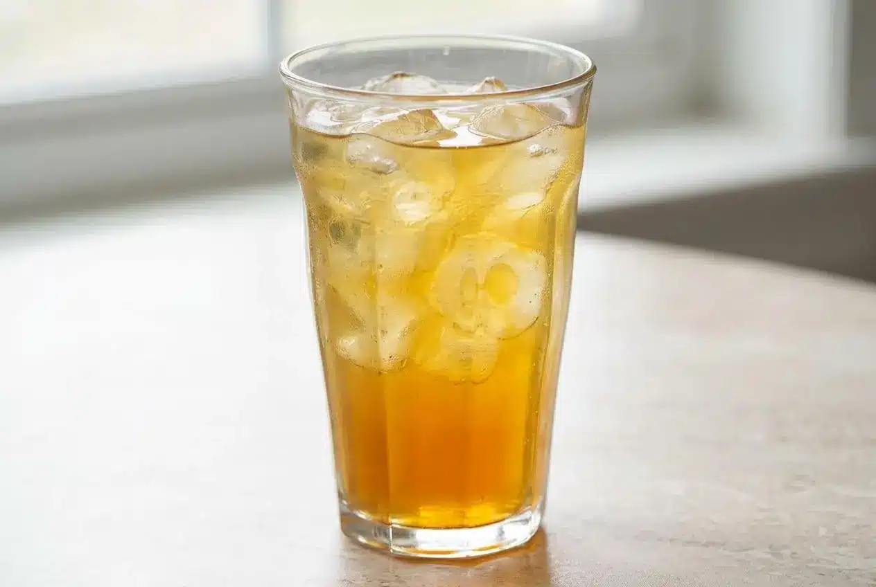A tall glass pitcher of refreshing Lemony Pineapple Iced Tea, filled with ice and garnished with a fresh mint sprig.