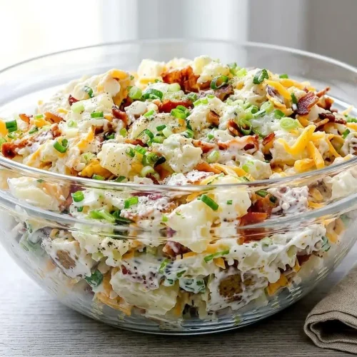 Loaded baked potato salad in a large white serving bowl, showing its creamy texture and topped with crispy bacon, shredded cheddar, and