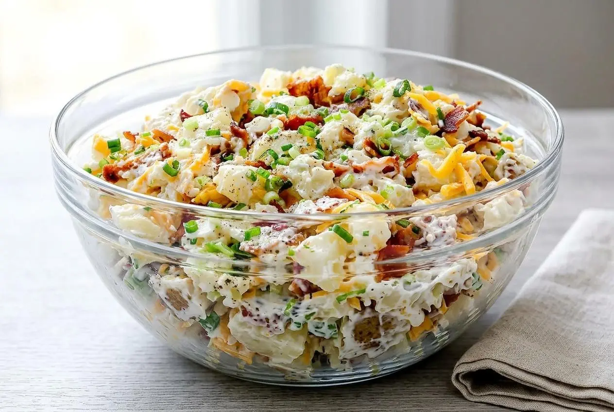Loaded baked potato salad in a large white serving bowl, showing its creamy texture and topped with crispy bacon, shredded cheddar, and