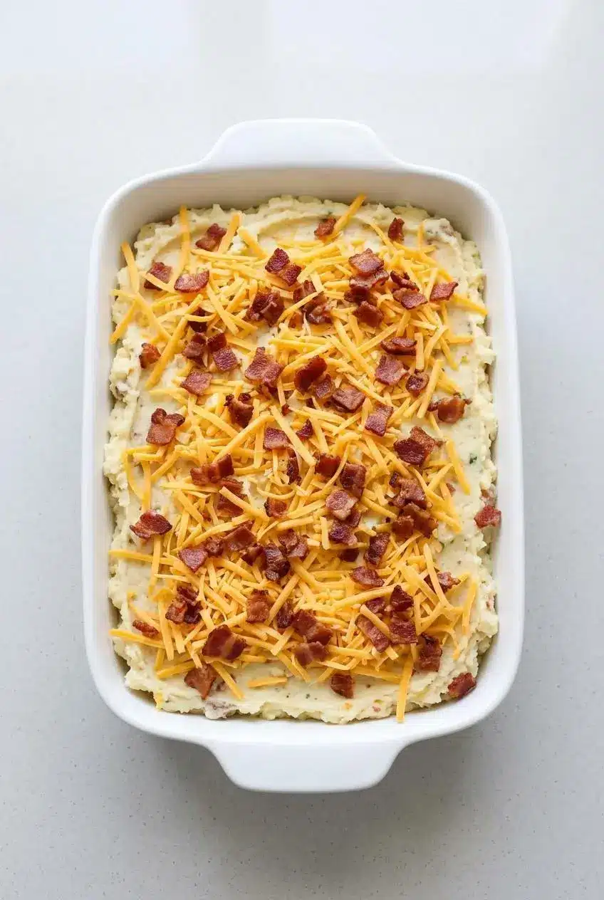 Loaded mashed potatoes in a white baking dish, topped with shredded cheddar cheese and crumbled bacon, ready to be baked into a casserole.