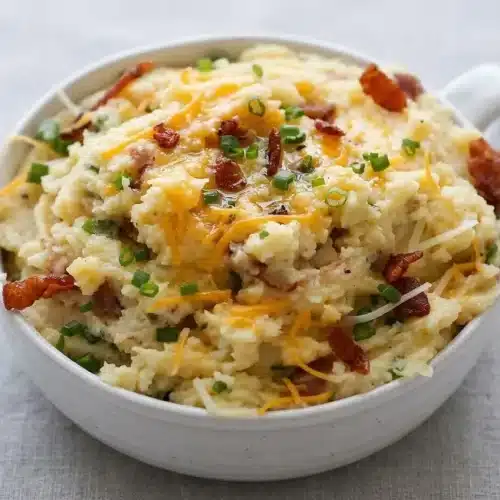 Creamy loaded mashed potatoes in a white baking dish, topped with melted cheddar cheese, crispy bacon, and fresh chives.