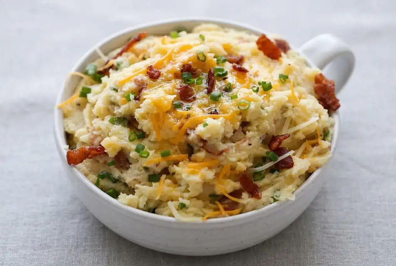 Creamy loaded mashed potatoes in a white baking dish, topped with melted cheddar cheese, crispy bacon, and fresh chives.