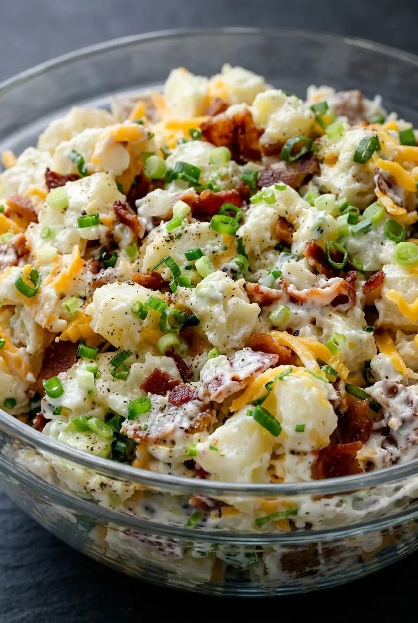 A close-up macro shot of loaded potato salad, highlighting the creamy dressing clinging to fluffy potato chunks, bacon, and cheddar cheese.
