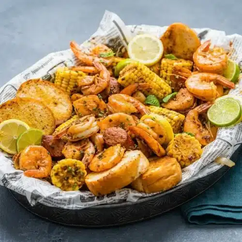 A large pot filled with a finished Low Country Boil Recipe, showing plump pink shrimp, sliced sausage, red potatoes, and corn glistening