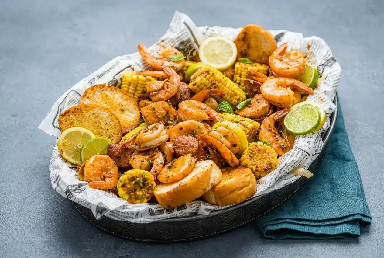A large pot filled with a finished Low Country Boil Recipe, showing plump pink shrimp, sliced sausage, red potatoes, and corn glistening