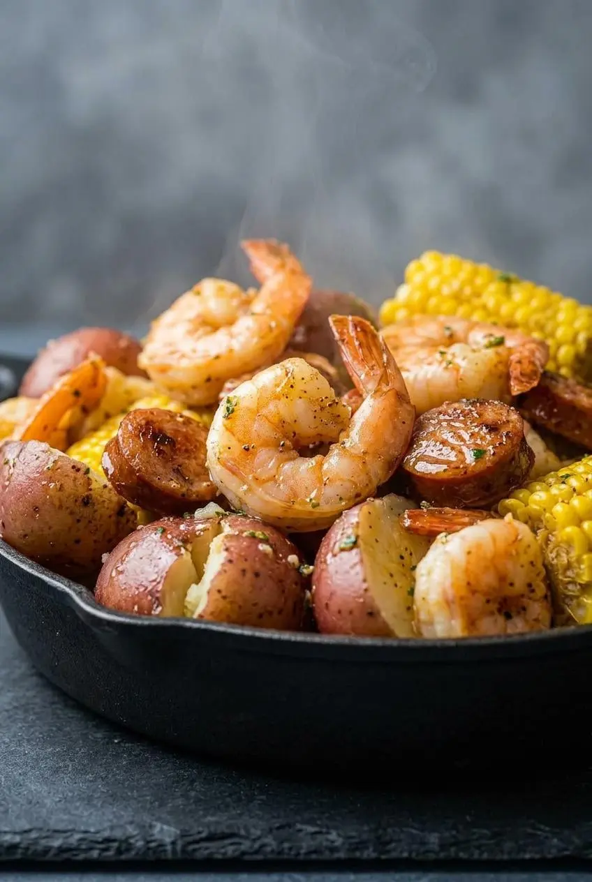 A close-up, detailed view of a Low Country Boil, highlighting the texture of plump shrimp, glossy sausage, and corn coated in seasoned