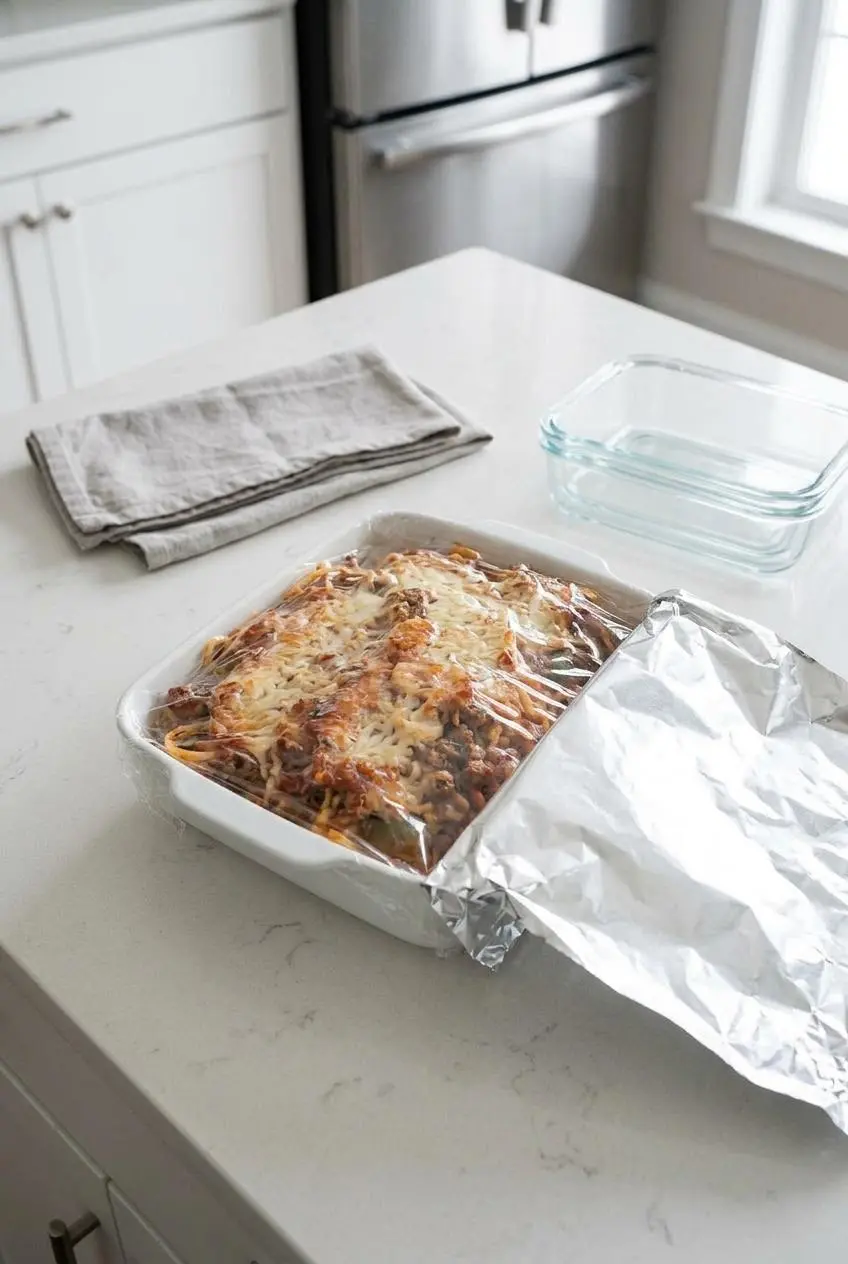 An unbaked spaghetti casserole in a baking dish, covered with plastic wrap and foil nearby, ready for make-ahead storage or freezing.