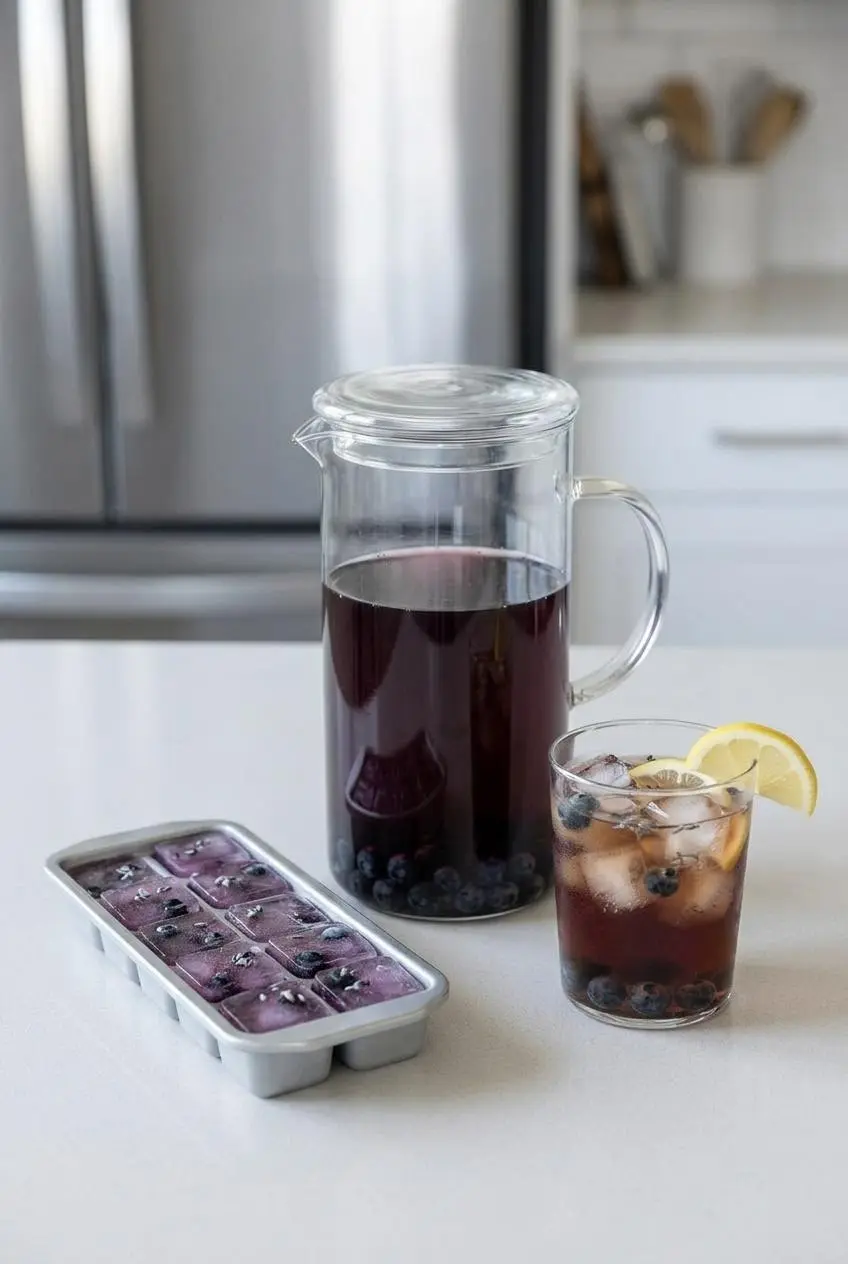 A pitcher of blueberry lavender iced tea next to a poured glass and a tray of matching flavored ice cubes on a kitchen counter.