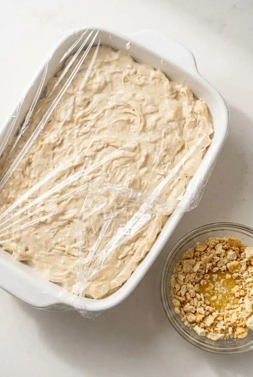 A square baking dish with unbaked chicken casserole filling, covered with plastic wrap, next to a small bowl of crushed cracker topping.