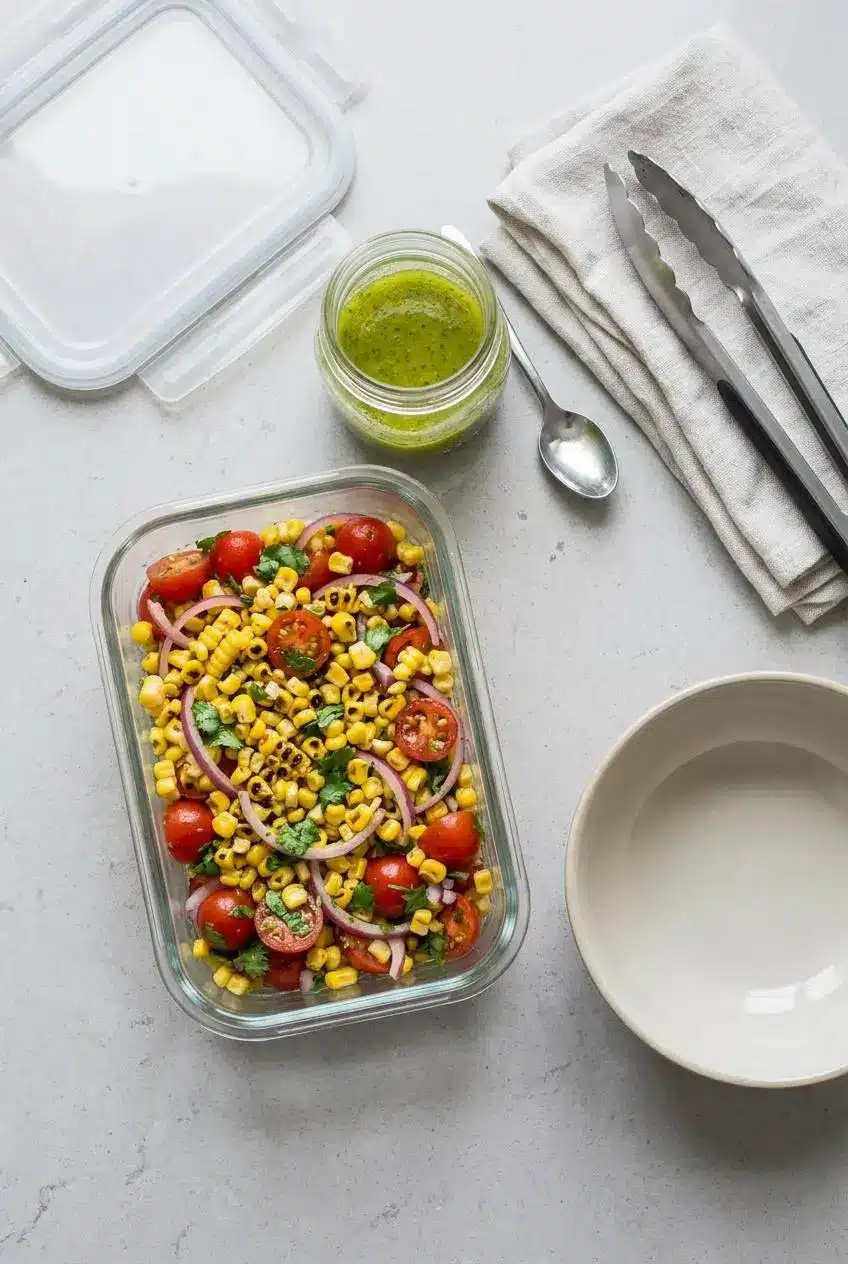 Make-ahead corn salad components in separate glass containers: the salad base and the lime dressing, stored on a countertop.