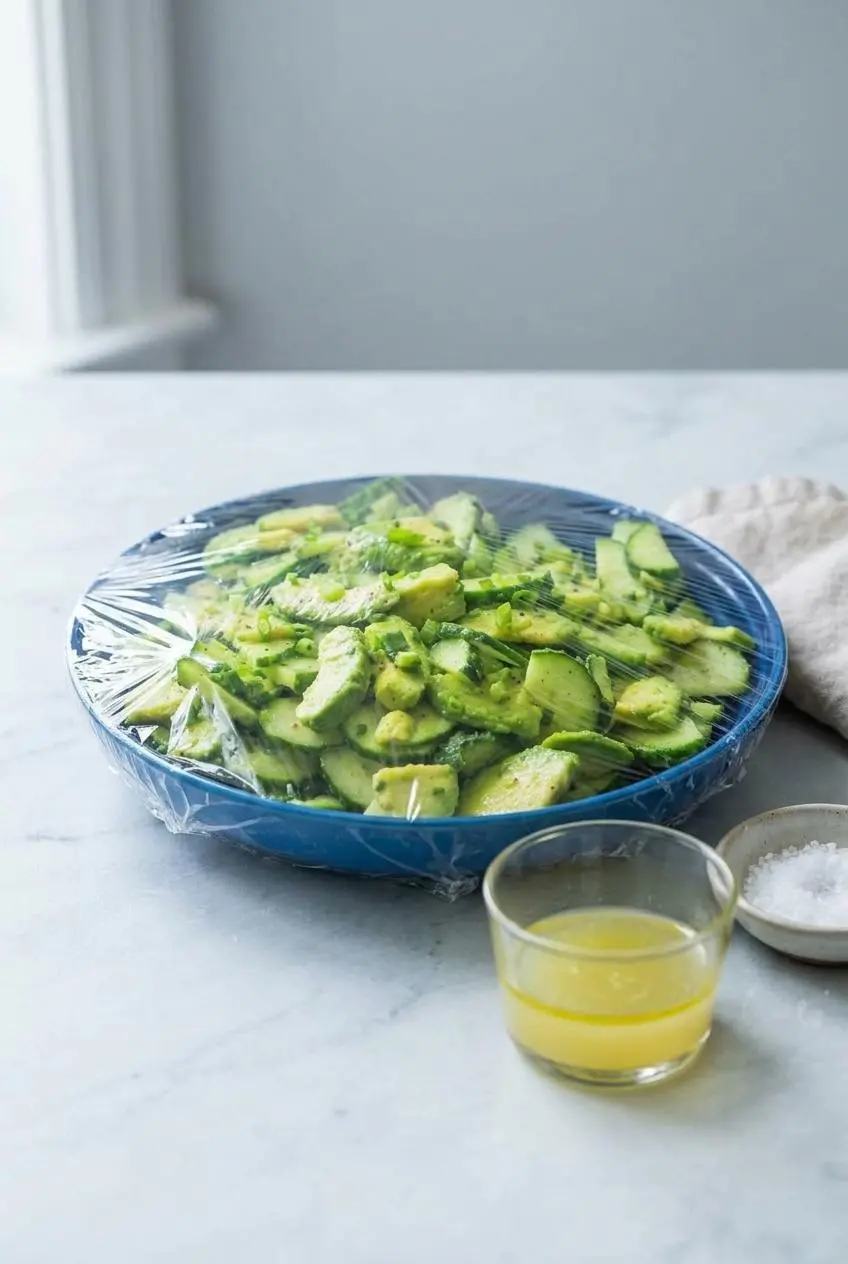 A bowl of cucumber avocado salad covered with plastic wrap pressed directly on the surface to prevent browning, with the dressing