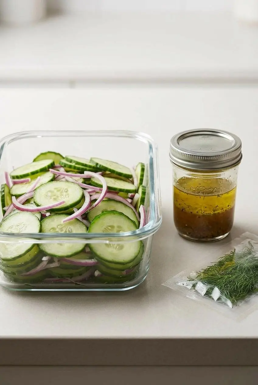 Two glass containers on a kitchen counter: one holds sliced cucumbers and red onions, and a smaller jar holds the vinaigrette dressing.