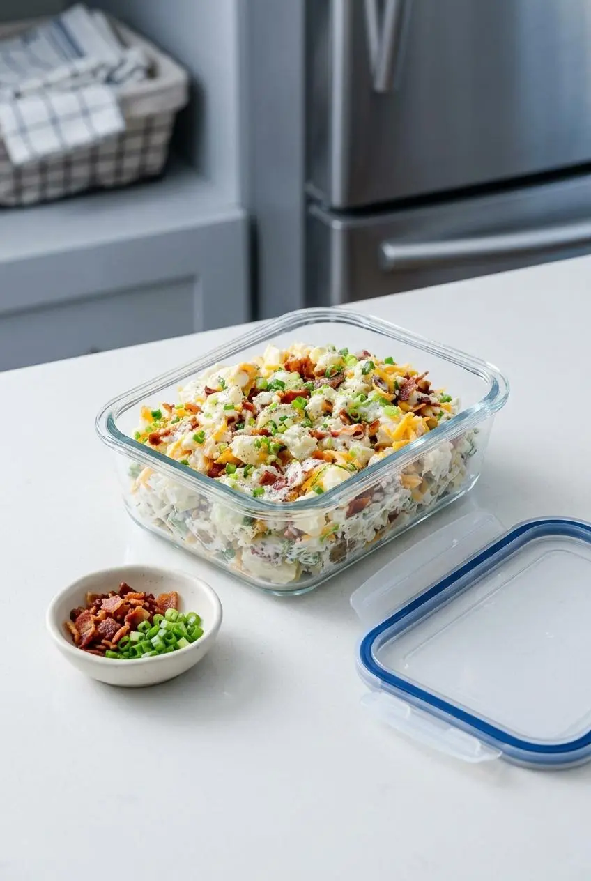 Loaded potato salad in a glass storage container with reserved bacon and green onions in a separate bowl, showing how to prep it ahead of