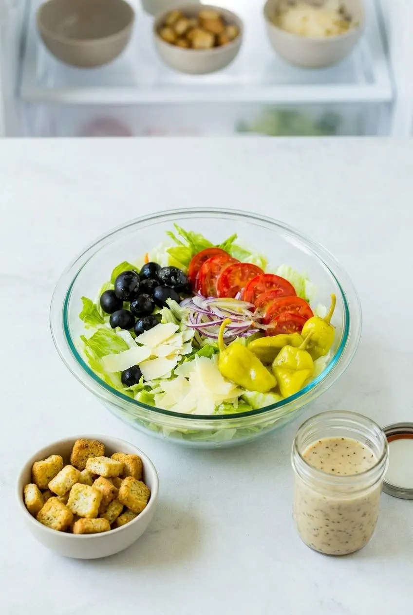 Overhead view of salad components prepped for a party: a bowl of lettuce and vegetables, a separate small bowl of croutons, and a jar of