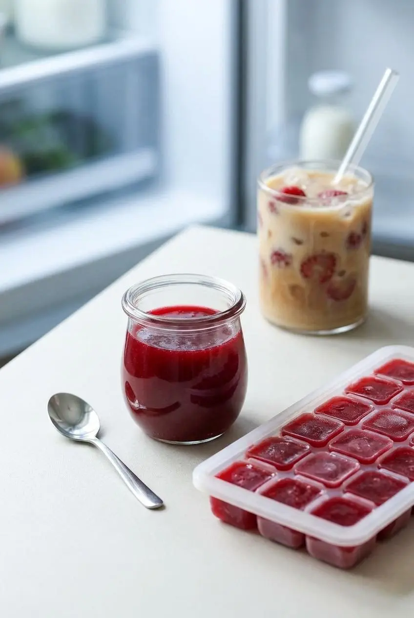 A jar of homemade raspberry syrup next to an ice cube tray with frozen syrup cubes, showing how to prep for future iced lattes.
