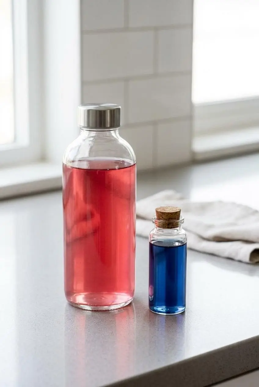 Two glass containers on a kitchen counter, one with pink refresher base and one with blue butterfly pea tea, prepped for storage.