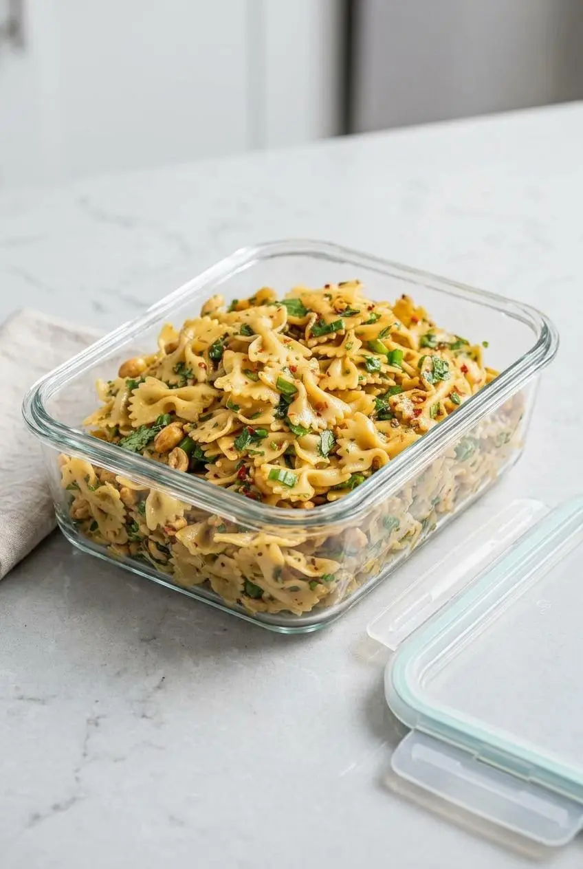 Spicy Thai Pasta Salad in a rectangular glass container on a kitchen counter, ready for make-ahead storage in the fridge.