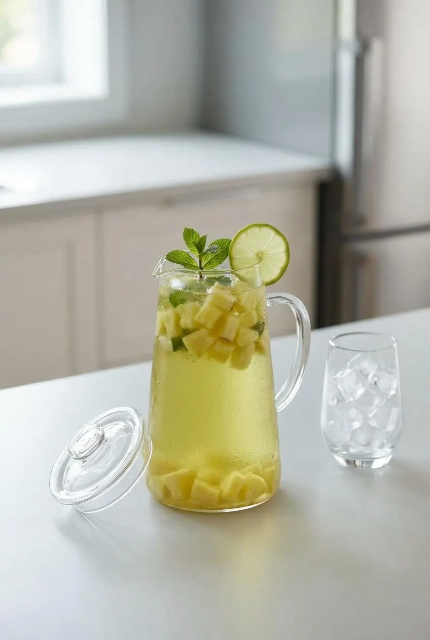 A pitcher of tropical iced tea on a kitchen counter with its lid set aside, ready to be stored in the refrigerator.