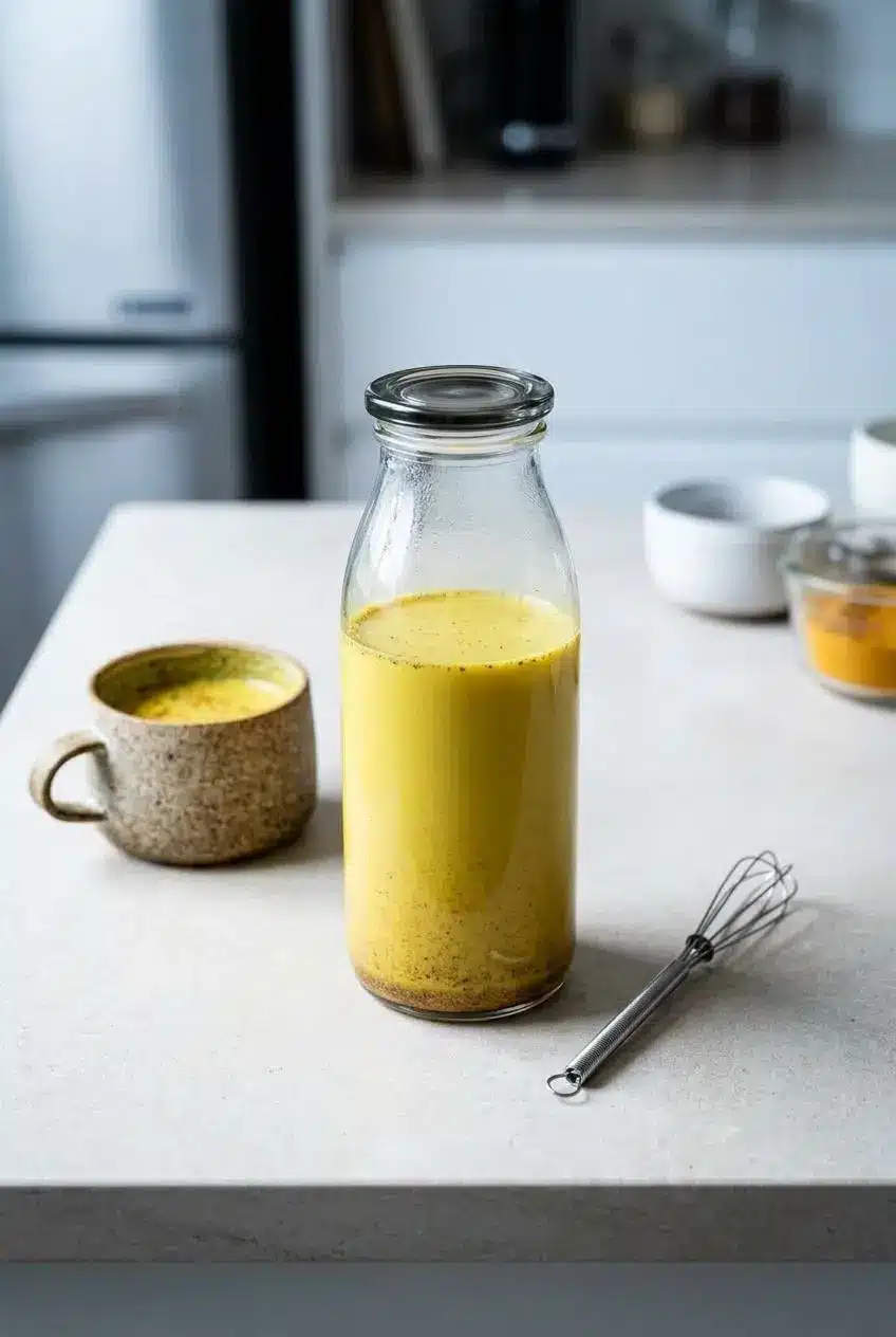 An overhead view of golden milk being stored in a glass airtight bottle, with a partially filled mug nearby on a kitchen counter.
