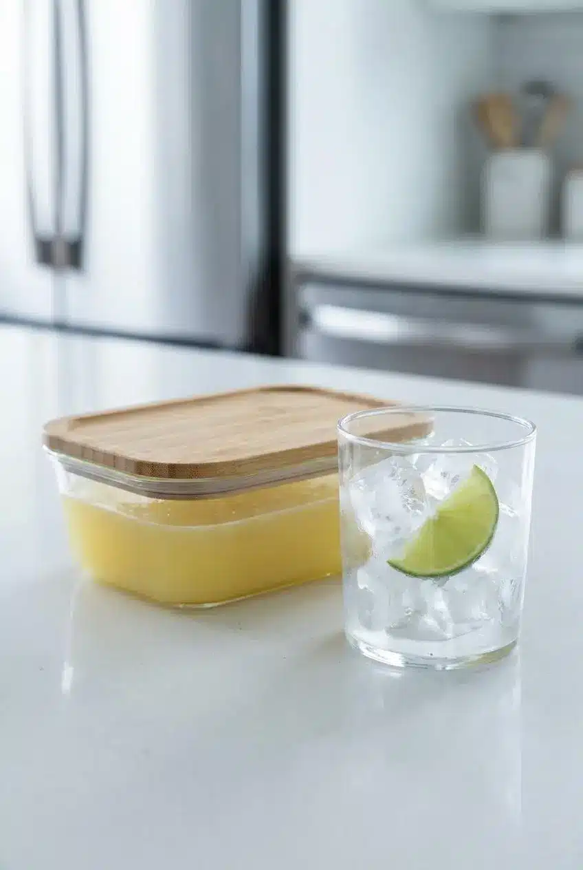 The citrus base for a virgin margarita stored in a sealed glass container on a kitchen counter, with an ice-filled glass ready for serving.
