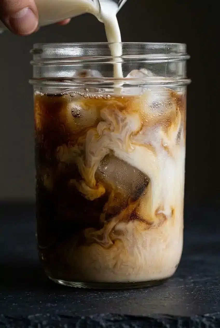 A close-up action shot of white, creamy milk billowing into dark espresso and ice cubes in a tall glass.