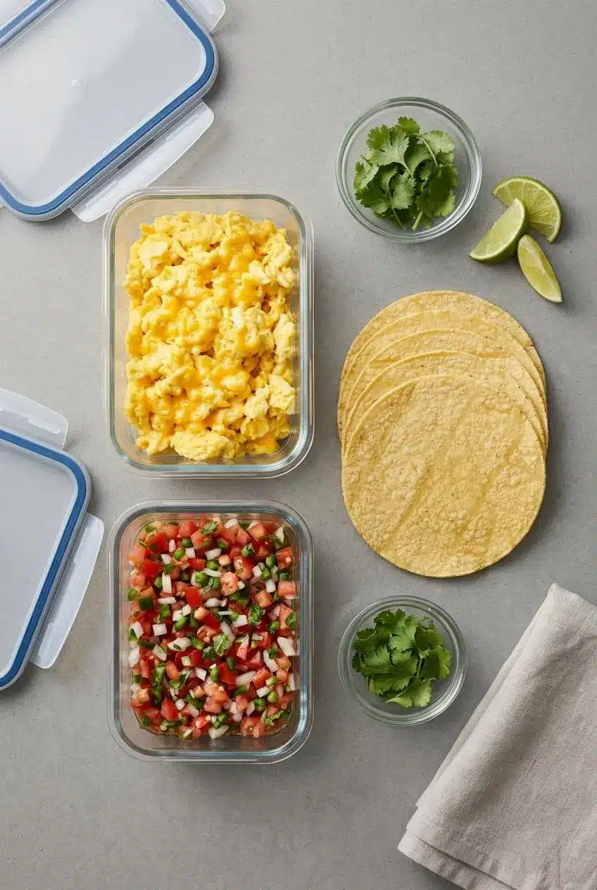Meal prep for breakfast tacos showing glass containers with scrambled eggs and pico de gallo, next to a stack of corn tortillas on a
