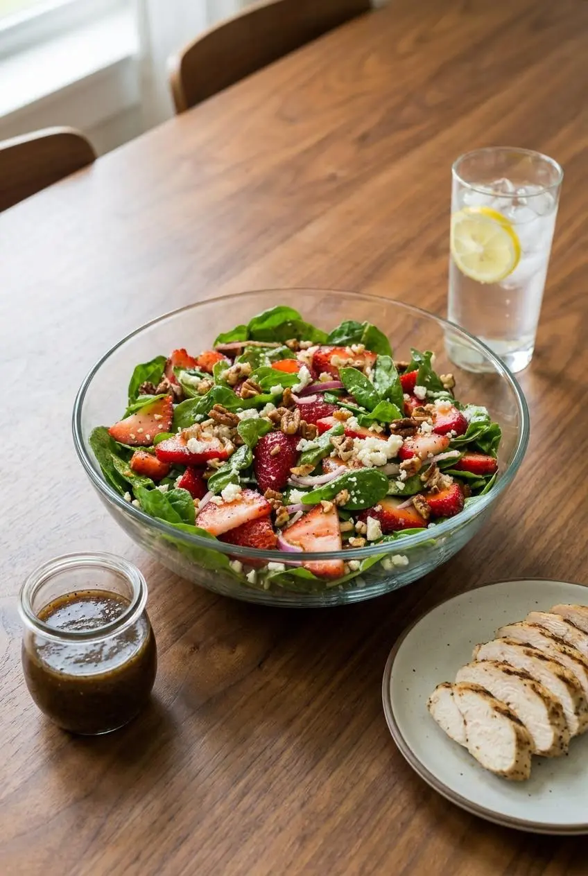 A Strawberry Poppyseed Salad being portioned into a glass meal prep container with the dressing in a separate small jar.