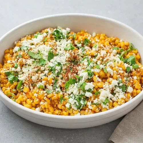 A white bowl of Mexican Street Corn recipe, also known as esquites, showing charred corn in a creamy sauce topped with cotija cheese, chili