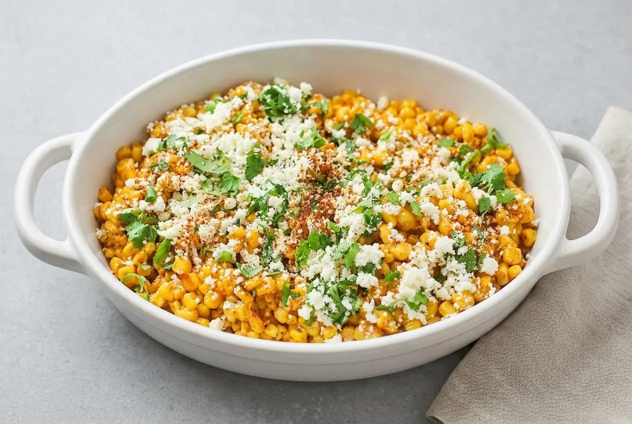 A white bowl of Mexican Street Corn recipe, also known as esquites, showing charred corn in a creamy sauce topped with cotija cheese, chili