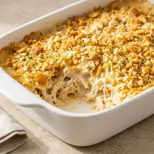 Million Dollar Chicken Casserole in a square baking dish, showing its creamy chicken filling and golden brown, buttery Ritz cracker topping.