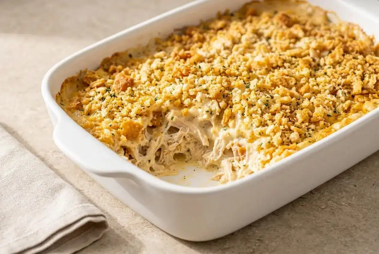 Million Dollar Chicken Casserole in a square baking dish, showing its creamy chicken filling and golden brown, buttery Ritz cracker topping.